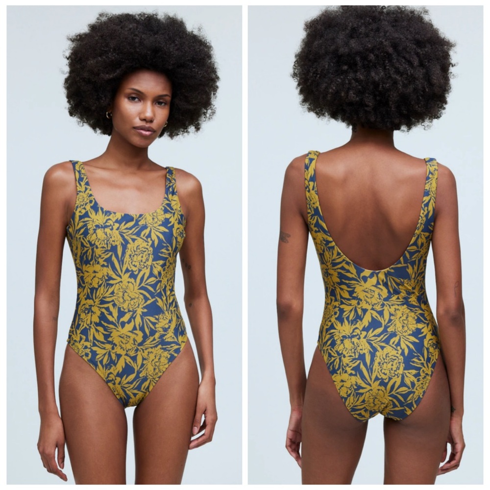 Madewell Floral Scoop Neck One Piece Swimsuit Blue Yellow XXS